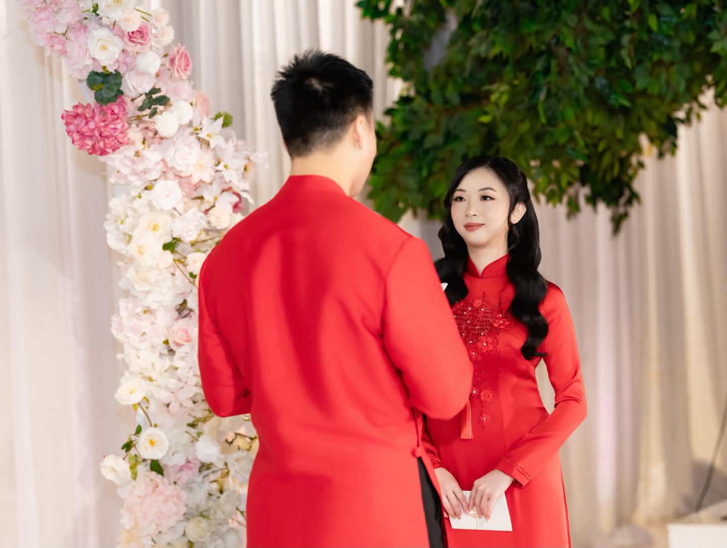 Tea ceremony in red ao dai